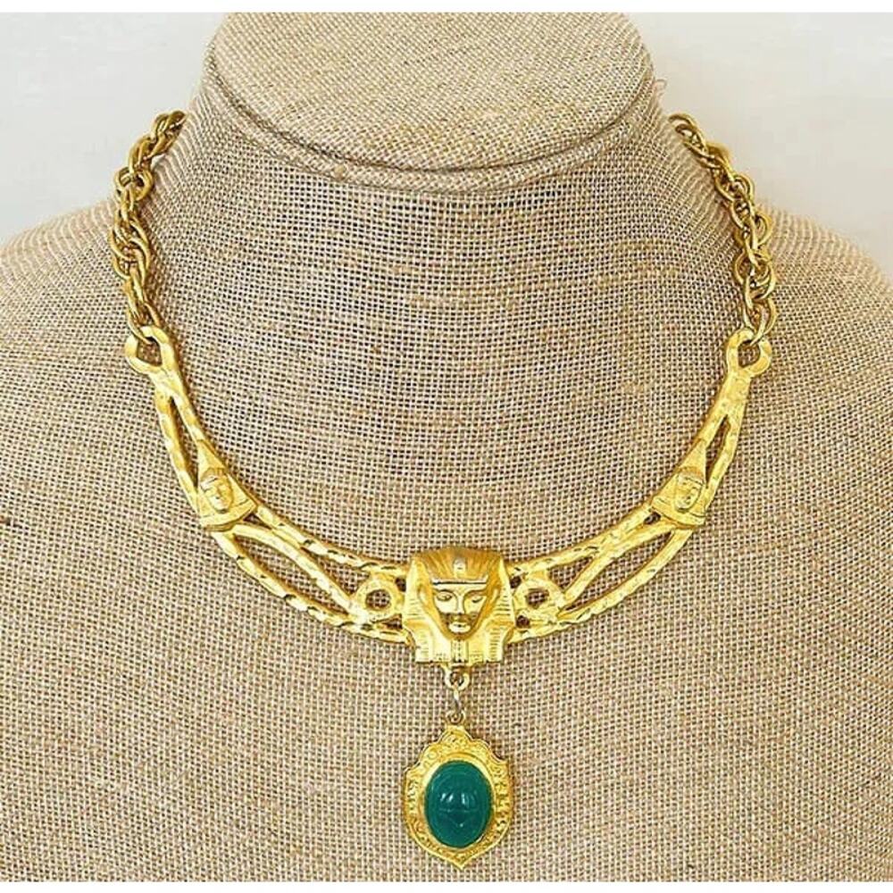 Vintage Green Scarab Egyptian Statement Necklace Signed Carlyle